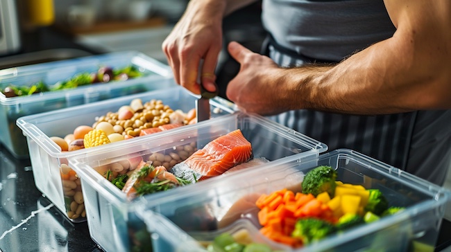 sportif qui prépare ses repas à l'avance dans des Tupperware