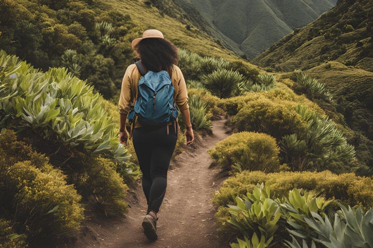 femme avec un chapeau qui fait une randonnée en montagne